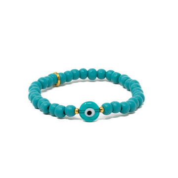 Turquoise Wooden Bead Bracelet - Evil Eye