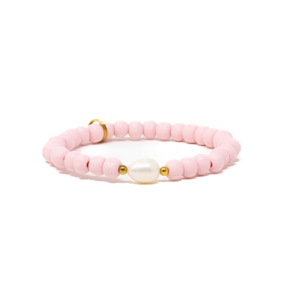 Pink Wooden beaded bracelet with pearl charm