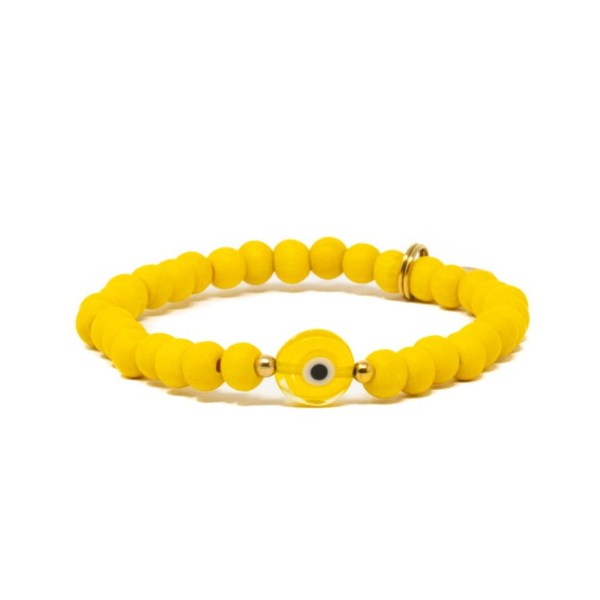 Wooden beaded bracelet with evil eye charm