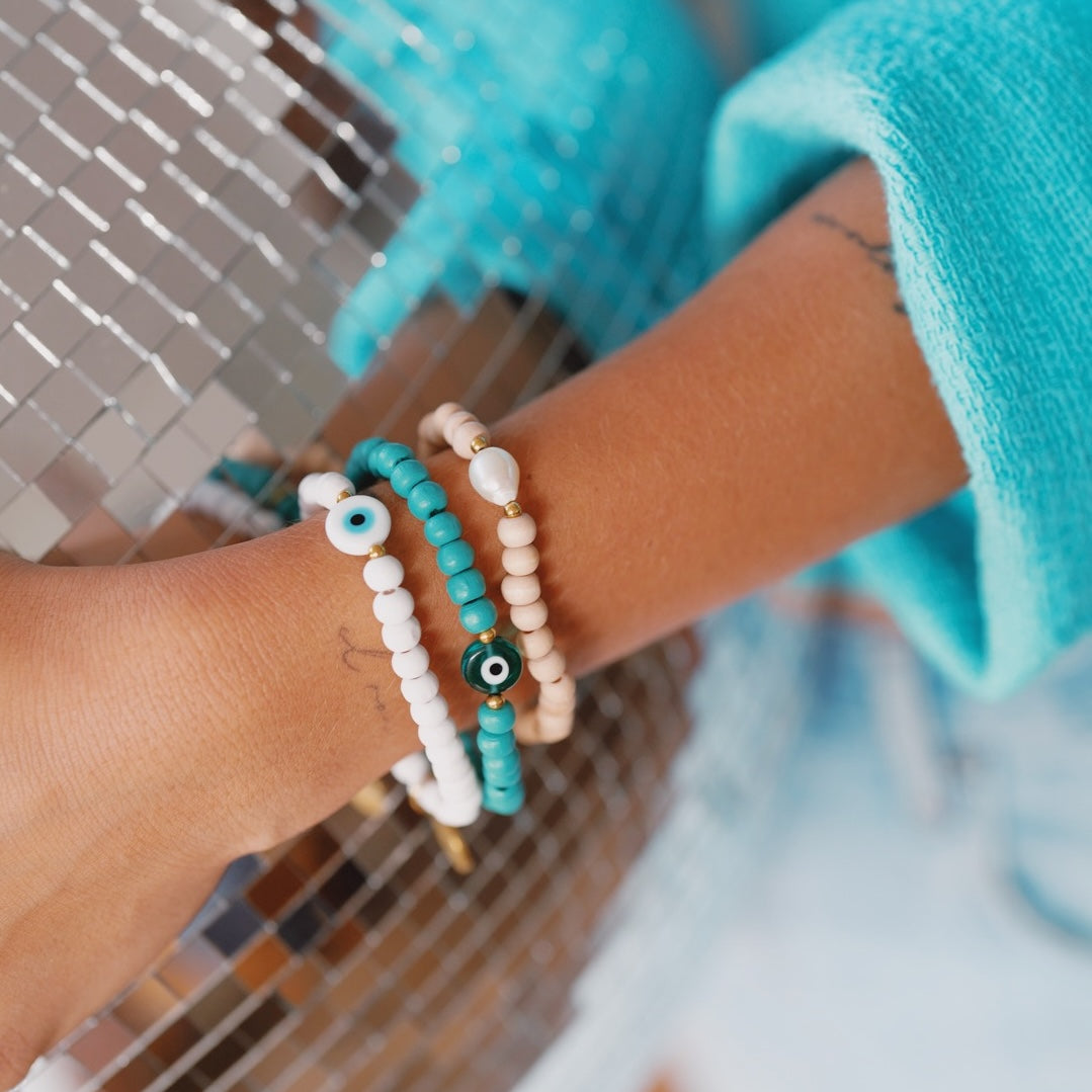 White Wooden Bead Bracelet - Evil Eye