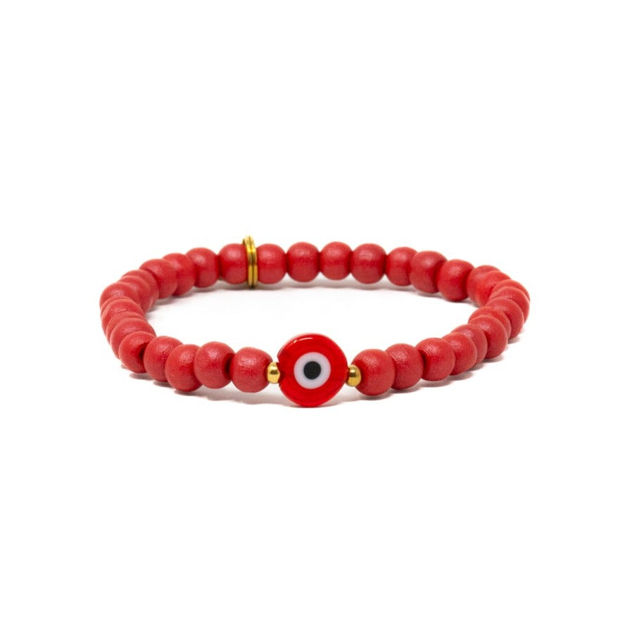 red Wooden beaded bracelet with evil eye charm