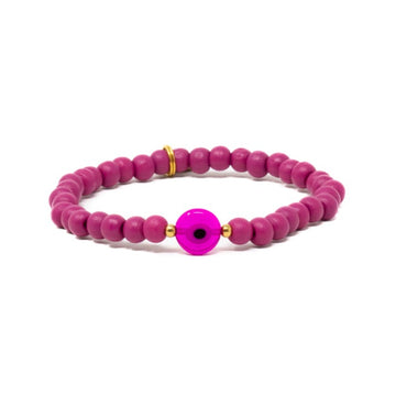 Pink Wooden beaded bracelet with evil eye charm