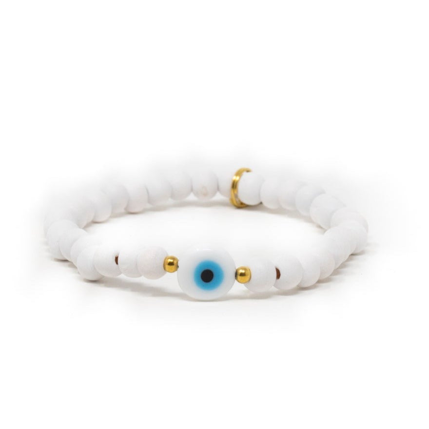 White Wooden Bead Bracelet - Evil Eye