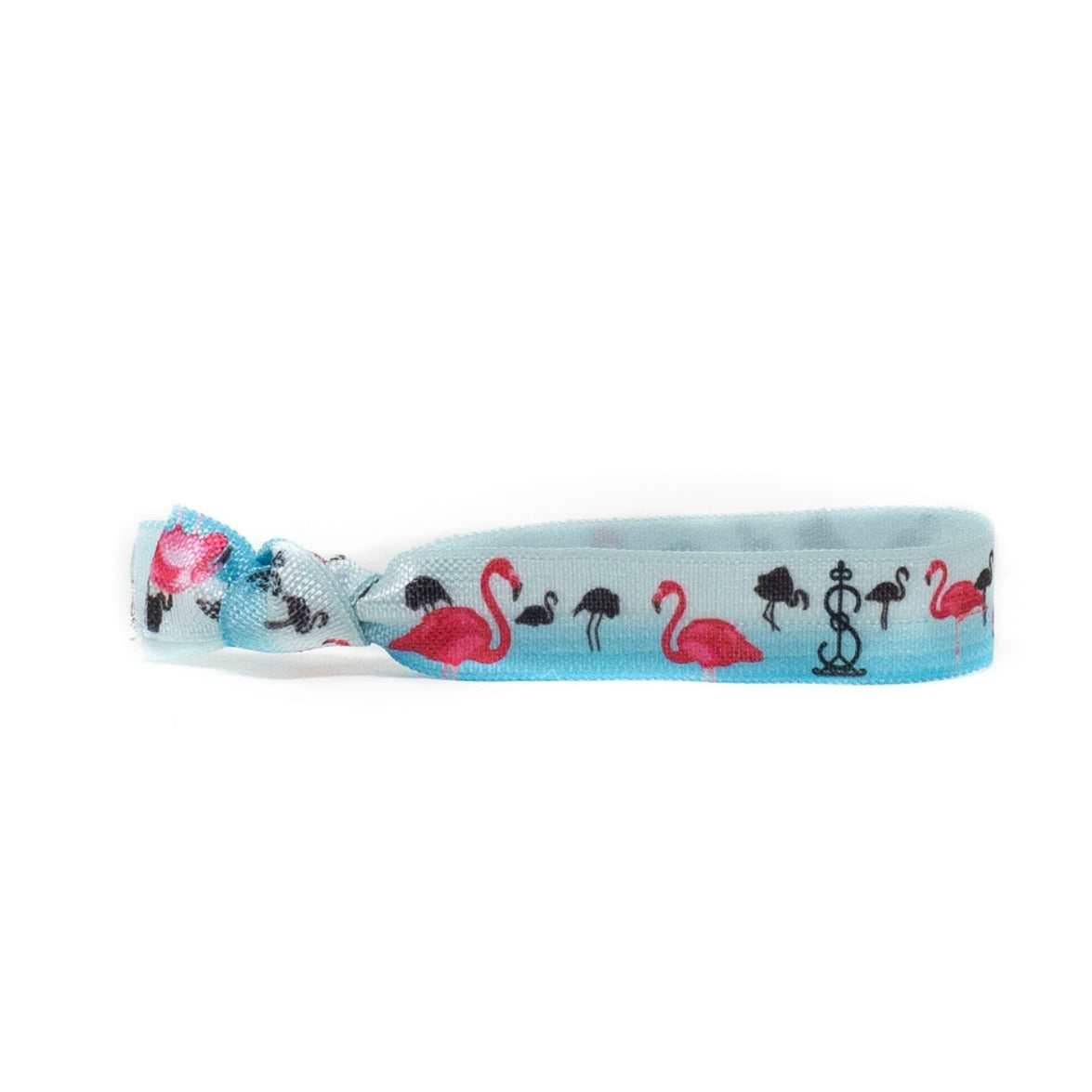 Dive into summer with our adorable pink flamingo hair tie on a blue ocean background.